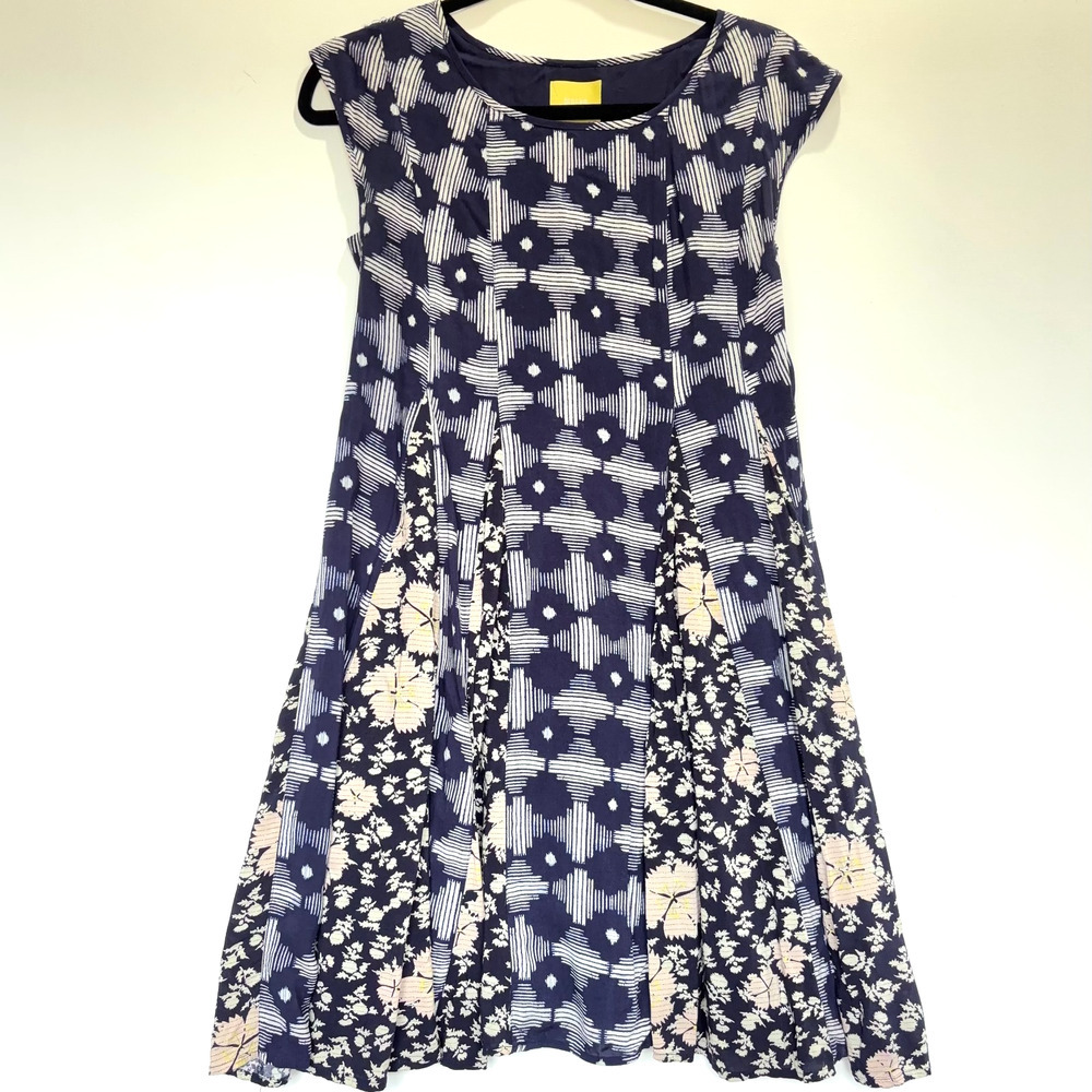 Anthropologie Maeve Indiga Swing Dress Size S Blue Floral Geometric Back Lace Up